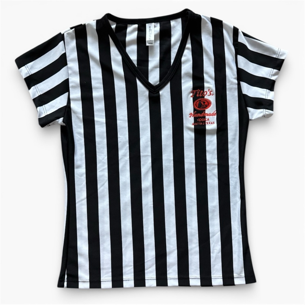 Tito’s Handmade Vodka Referee Shirt Embroidered Logo Black White Stripe V-Neck M